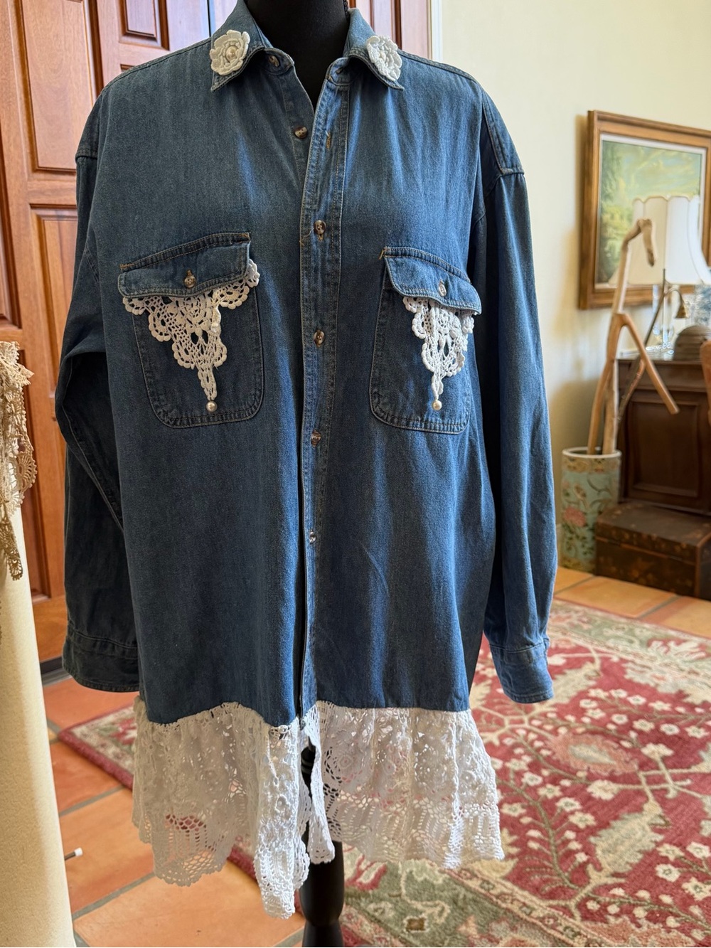 Denim Shirt Lace Ruffle And Appliqué Accents Western Blouse Size Medium 90s